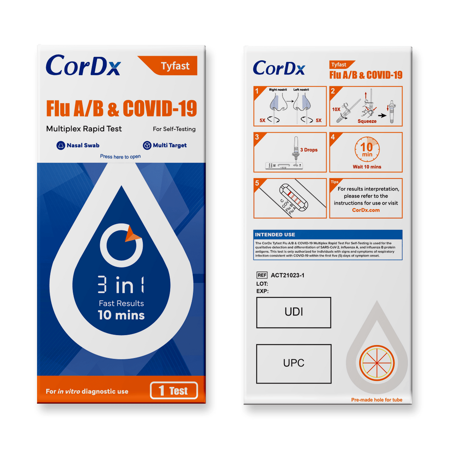 CorDx Tyfast Flu A/B & Covid-19 Multiplex Rapid Self-Test, 3-in-1 ART Kit