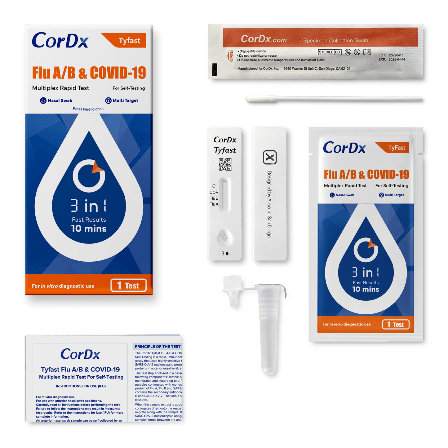 CorDx Tyfast Flu A/B & Covid-19 Multiplex Rapid Self-Test, 3-in-1 ART Kit