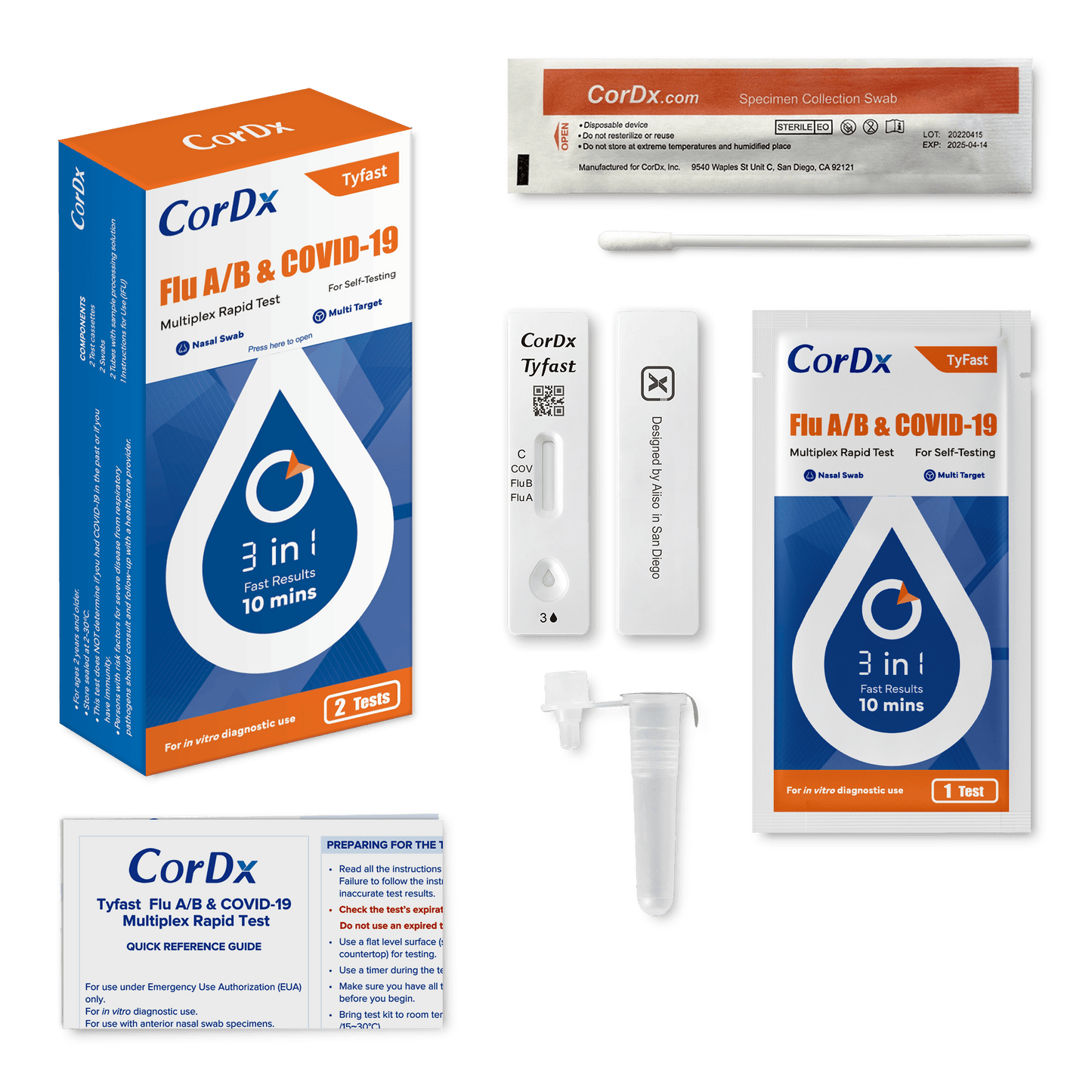 CorDx Tyfast Flu A/B & Covid-19 Multiplex Rapid Self-Test, 3-in-1 ART Kit