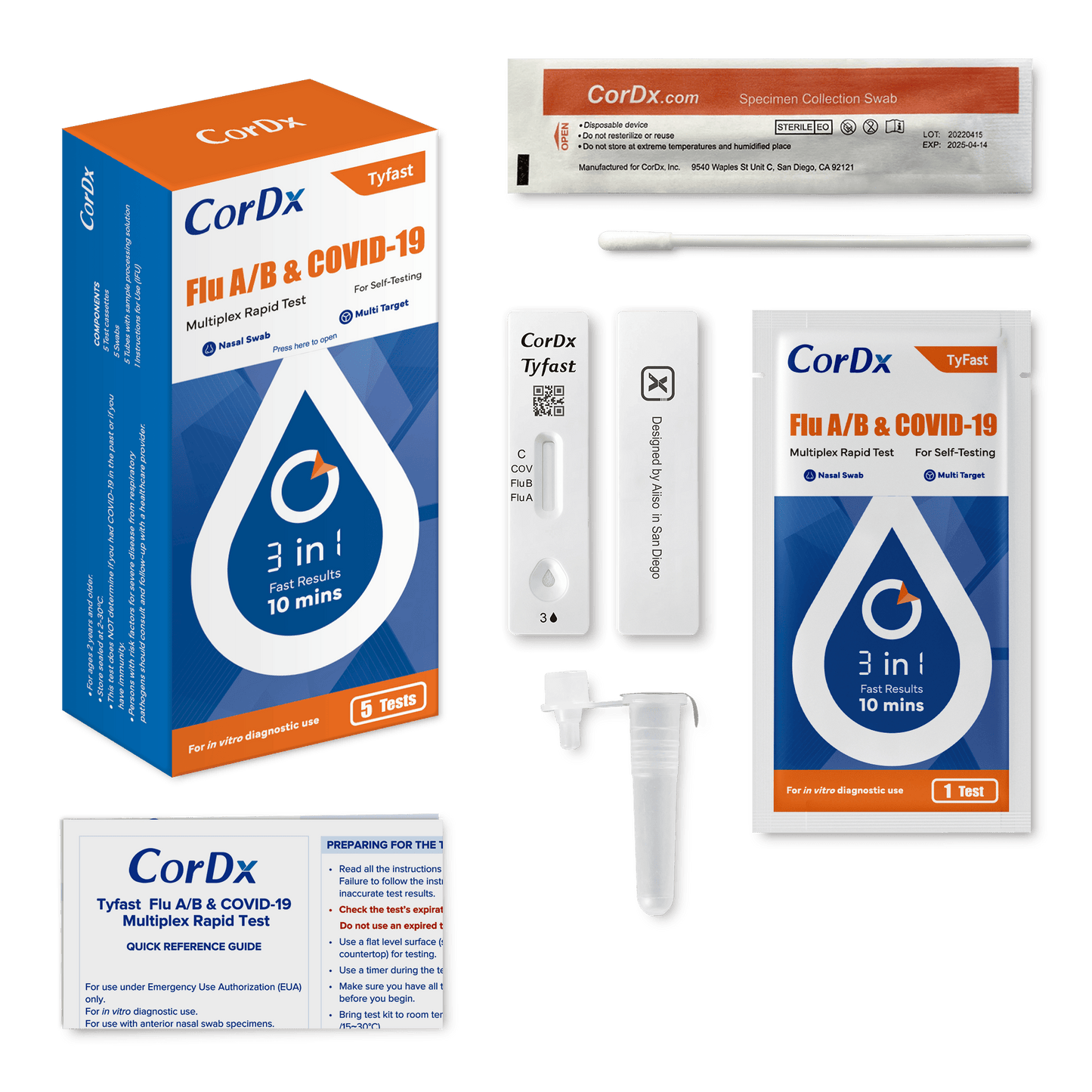 CorDx Tyfast Flu A/B & Covid-19 Multiplex Rapid Self-Test, 3-in-1 ART Kit
